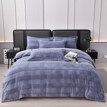 91家纺网 家纺一手货源 找家纺 （总）席之家 2023新款加厚保暖立体剪花方格兔毛绒四件套-简爱款