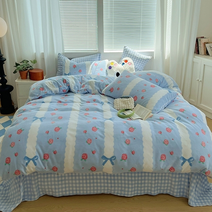 91家纺网 家纺一手货源 找家纺 三朵家纺 2023年牛奶绒小清新系列四件套 玫瑰花园