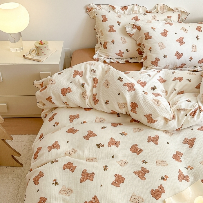 91家纺网 家纺一手货源 找家纺 （总）淑女公社2024新款A类母婴级全棉双层水洗皱皱纱刺绣花边款四件套