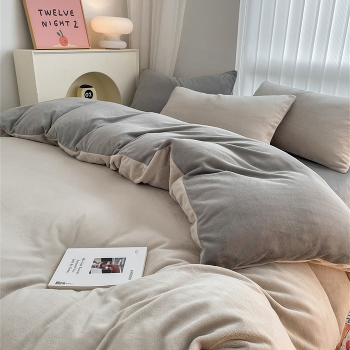 91家纺网 家纺一手货源 找家纺 古吉梦 2023新款牛奶绒纯色双拼（跑量款）四件套 香草灰+经典灰