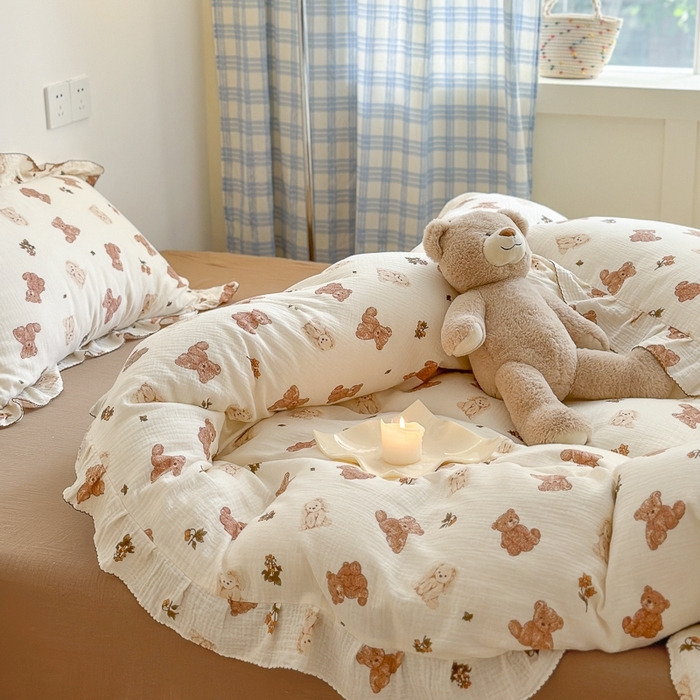 91家纺网 家纺一手货源 找家纺 （总）淑女公社2024新款A类母婴级全棉双层水洗皱皱纱刺绣花边款四件套