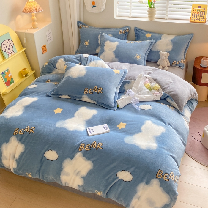 91家纺网 家纺一手货源 找家纺 沐慕 2024新款牛奶绒加厚保暖卡通印花四件套 云朵熊