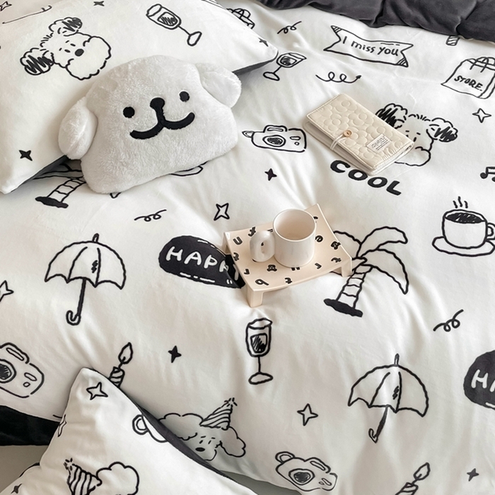 91家纺网 家纺一手货源 找家纺 潘朵拉 2023新款秋冬ins韩系牛奶绒印花四件套 百变狗