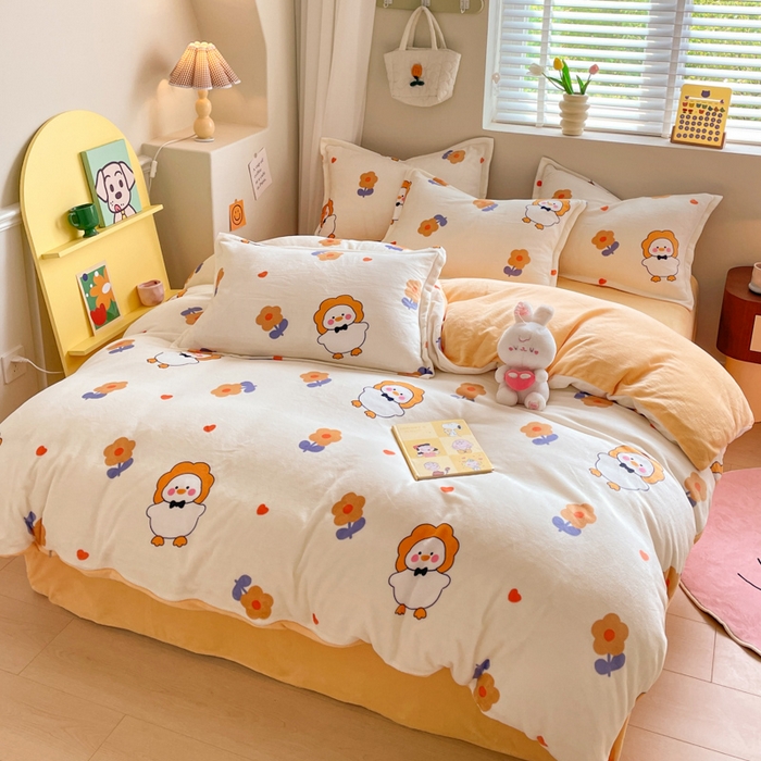 91家纺网 家纺一手货源 找家纺 沐慕 2024新款牛奶绒加厚保暖卡通印花四件套 萌萌鸭