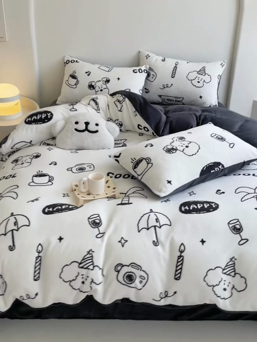 91家纺网 家纺一手货源 找家纺 潘朵拉 2023新款秋冬ins韩系牛奶绒印花四件套 百变狗