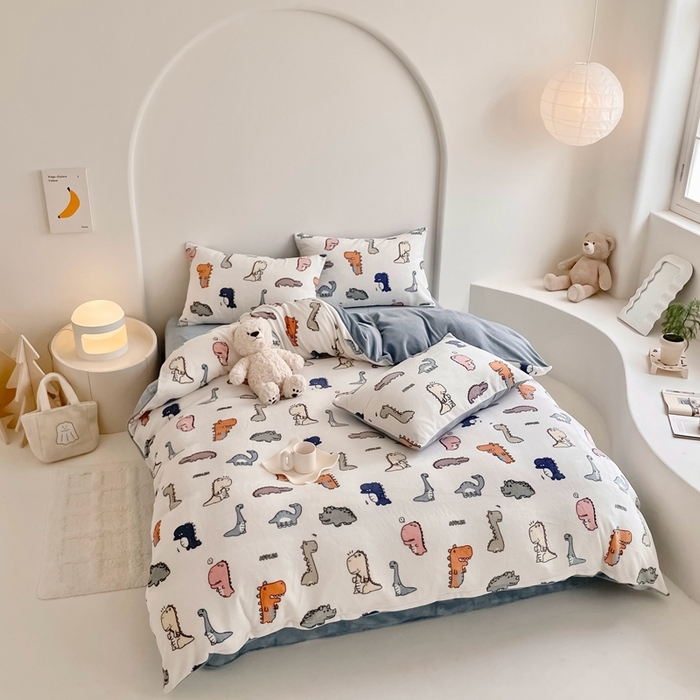 91家纺网 家纺一手货源 找家纺 潘朵拉 2023新款秋冬ins韩系牛奶绒印花四件套 侏罗纪