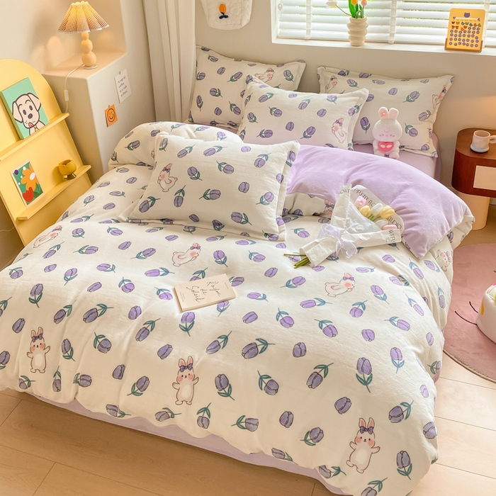 91家纺网 家纺一手货源 找家纺 沐慕 2024新款牛奶绒加厚保暖卡通印花四件套 紫系小兔