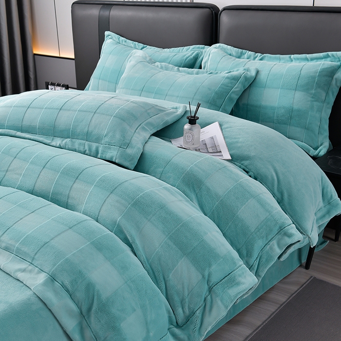 91家纺网 家纺一手货源 找家纺 席之家 2023加厚保暖立体剪花方格雪兔毛四件套-简爱款 方格-水兰