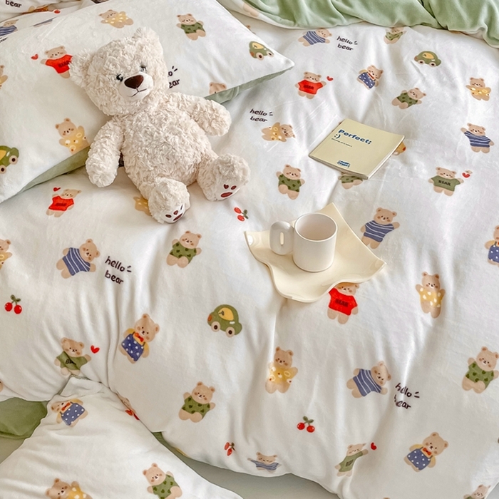 91家纺网 家纺一手货源 找家纺 潘朵拉 2023新款秋冬ins韩系牛奶绒印花四件套 哈喽熊