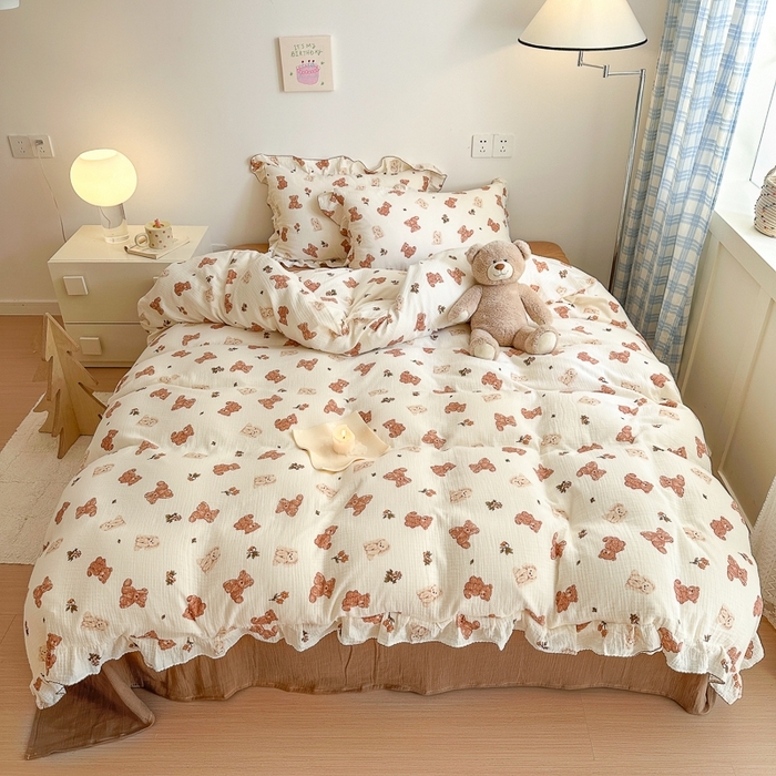 91家纺网 家纺一手货源 找家纺 （总）淑女公社2024新款A类母婴级全棉双层水洗皱皱纱刺绣花边款四件套