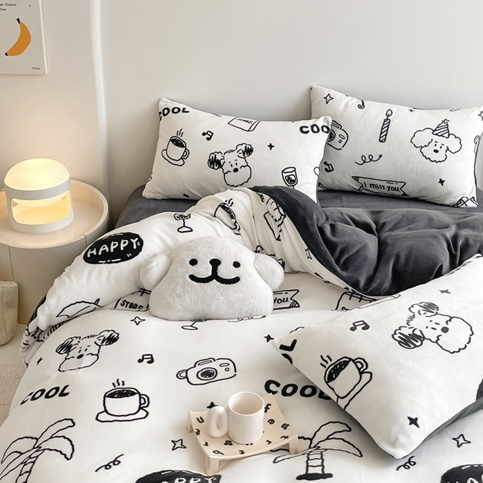 91家纺网 家纺一手货源 找家纺 潘朵拉 2023新款秋冬ins韩系牛奶绒印花四件套 百变狗