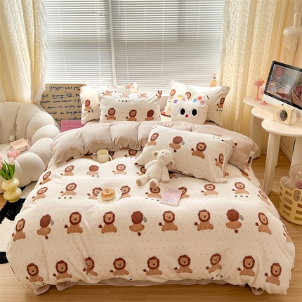 91家纺网 家纺一手货源 找家纺 顾里家纺 2023新款ins少女保暖牛奶绒四件套第二批 波点狮子