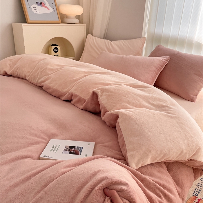 91家纺网 家纺一手货源 找家纺 古吉梦 2023新款牛奶绒纯色双拼（跑量款）四件套 可可粉+香蕉玉