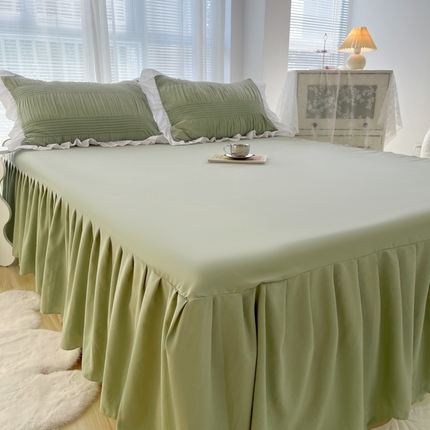 十里居 2023新款韩版花边水洗棉单床裙三件套 西芹绿