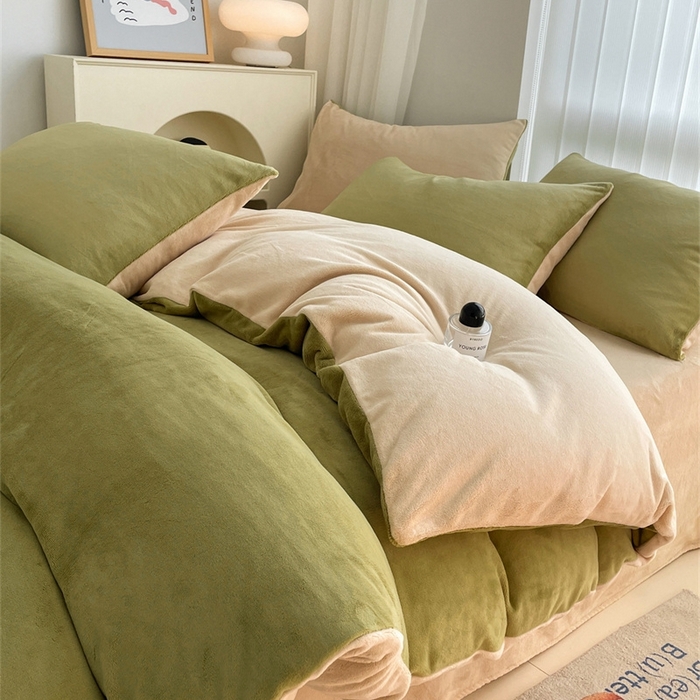 91家纺网 家纺一手货源 找家纺 古吉梦 2023新款牛奶绒纯色双拼（跑量款）四件套 苹果绿+香槟