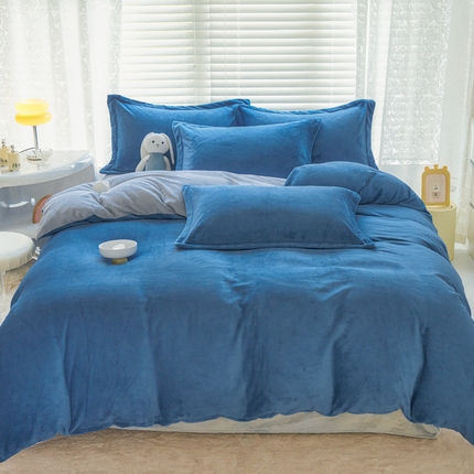 慕晨纯色牛奶绒法莱绒拼色三四件套单被套 宾利蓝+浅灰
