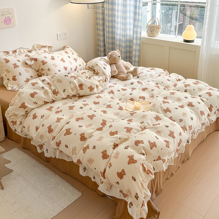 91家纺网 家纺一手货源 找家纺 （总）淑女公社2024新款A类母婴级全棉双层水洗皱皱纱刺绣花边款四件套