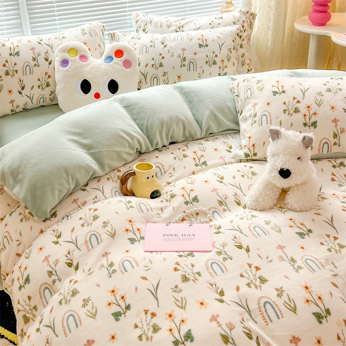 91家纺网 家纺一手货源 找家纺 顾里家纺 2023新款ins少女保暖牛奶绒四件套第二批 植物园林