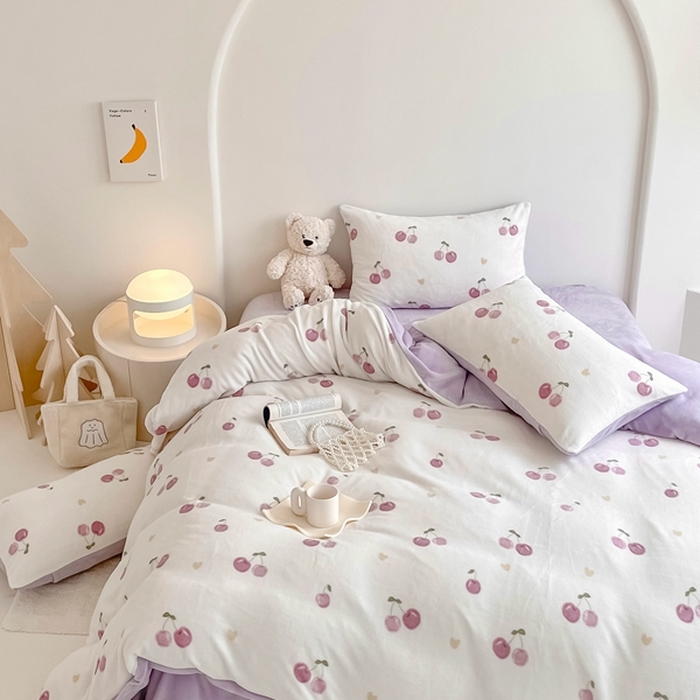 91家纺网 家纺一手货源 找家纺 潘朵拉 2023新款秋冬ins韩系牛奶绒印花四件套 紫樱桃