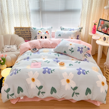 顾里家纺 新款ins少女保暖牛奶绒四件套第二批 蓝底花朵
