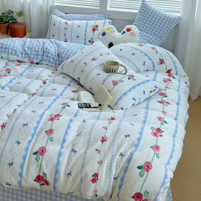 91家纺网 家纺一手货源 找家纺 三朵家纺 2023年牛奶绒小清新系列四件套 星野玫瑰