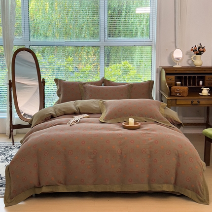 91家纺网 家纺一手货源 找家纺 小欢喜 新款色织全棉双层纱四件套直播爆款 花香蜜蜜-灰红