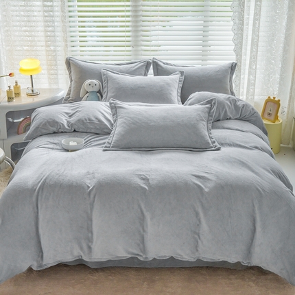 91家纺网 家纺一手货源 找家纺 慕晨纯色牛奶绒法莱绒拼色三四件套单被套 浅灰