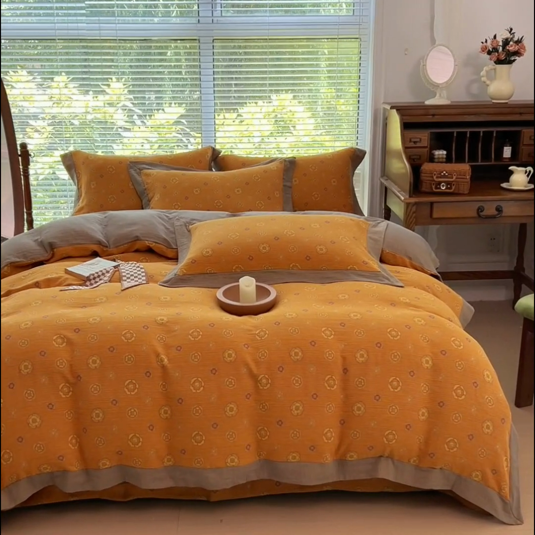 91家纺网 家纺一手货源 找家纺 小欢喜 新款色织全棉双层纱四件套直播爆款 花香蜜蜜-黄