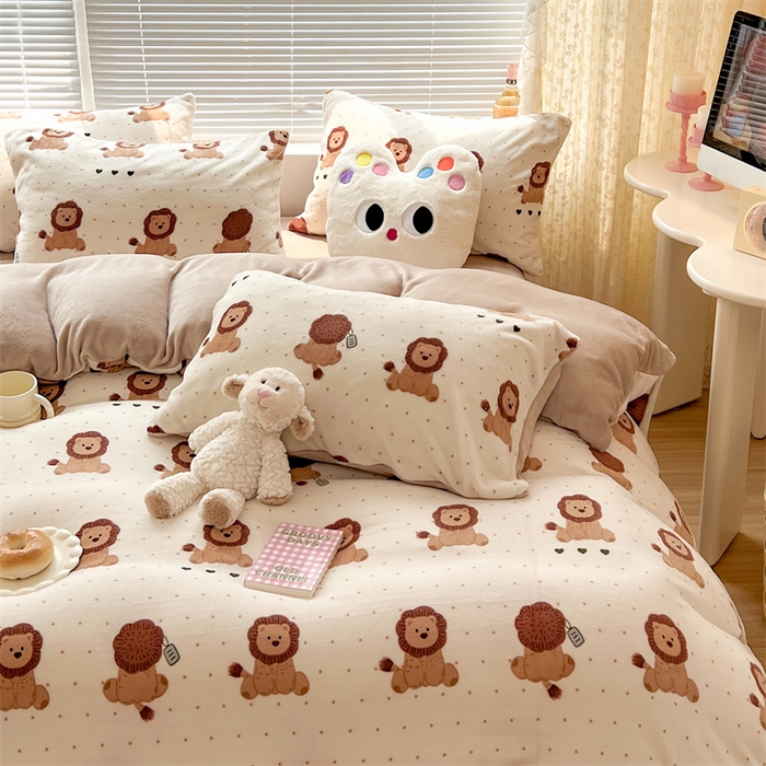 91家纺网 家纺一手货源 找家纺 顾里家纺 2023新款ins少女保暖牛奶绒四件套第二批 波点狮子