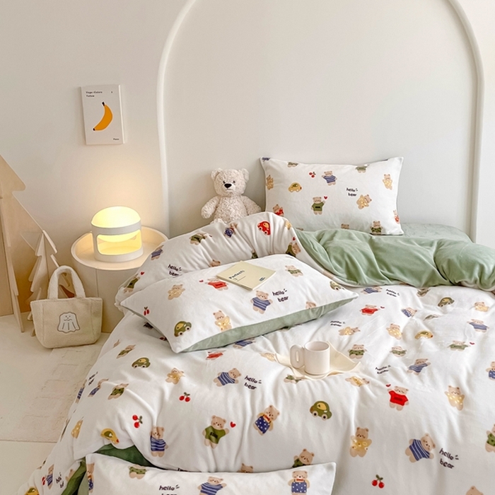 91家纺网 家纺一手货源 找家纺 潘朵拉 2023新款秋冬ins韩系牛奶绒印花四件套 哈喽熊