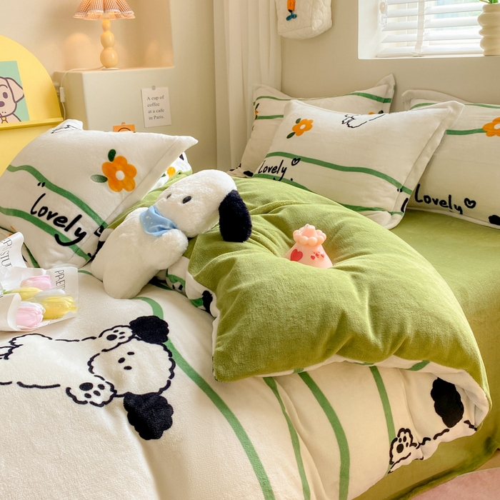 91家纺网 家纺一手货源 找家纺 沐慕 2024新款牛奶绒加厚保暖卡通印花四件套 皮皮狗