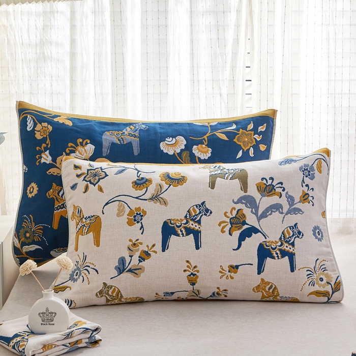 91家纺网 家纺一手货源 找家纺 朴尔家纺-毛巾被 2023年全棉多彩四层纱布枕巾 花园马-驼