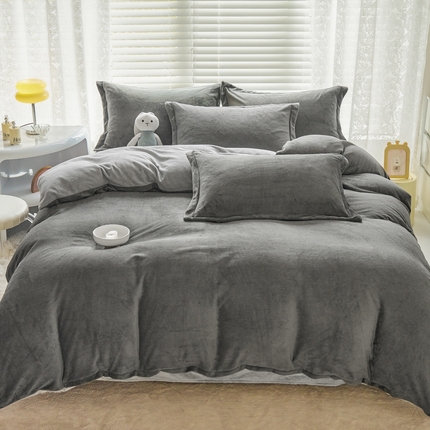 91家纺网 家纺一手货源 找家纺 慕晨纯色牛奶绒法莱绒拼色三四件套单被套 深灰+浅灰