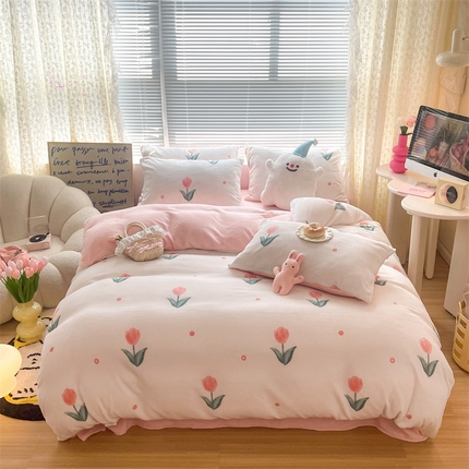 顾里家纺 新款ins少女保暖牛奶绒四件套第二批 粉点郁金香