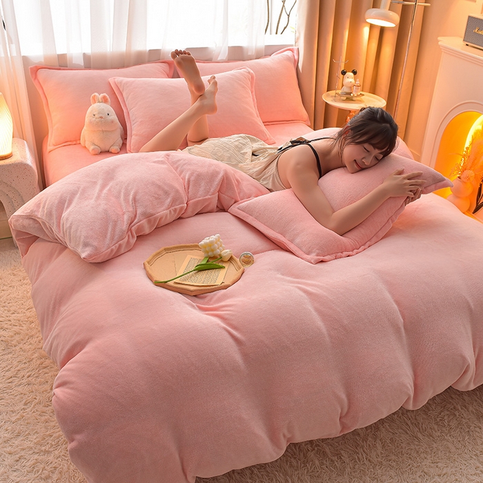 91家纺网 家纺一手货源 找家纺 简爱2025新款纯色双拼牛奶绒四件套被套（跑量款）直播 樱花粉