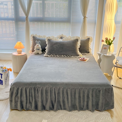十里居 2023新款纯色韩版花边牛奶绒单床裙三件套 星际灰