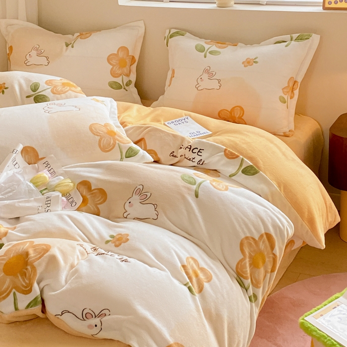 91家纺网 家纺一手货源 找家纺 沐慕 2024新款牛奶绒加厚保暖卡通印花四件套 花漾兔