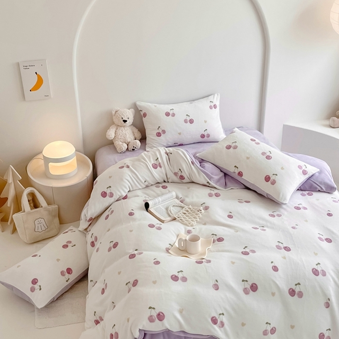 91家纺网 家纺一手货源 找家纺 潘朵拉 2023新款秋冬ins韩系牛奶绒印花四件套 紫樱桃