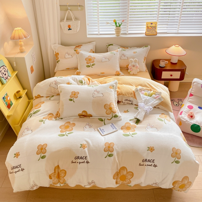 91家纺网 家纺一手货源 找家纺 沐慕 2024新款牛奶绒加厚保暖卡通印花四件套 花漾兔