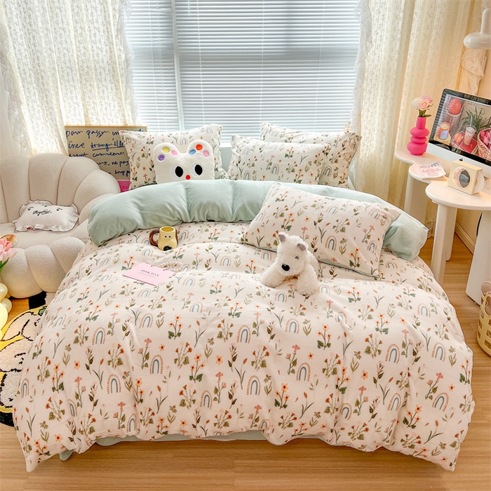 91家纺网 家纺一手货源 找家纺 顾里家纺 2023新款ins少女保暖牛奶绒四件套第二批 植物园林