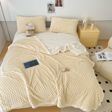 沐慕 2023新款纯色简约龟背绒拼羊羔绒毛毯 米白