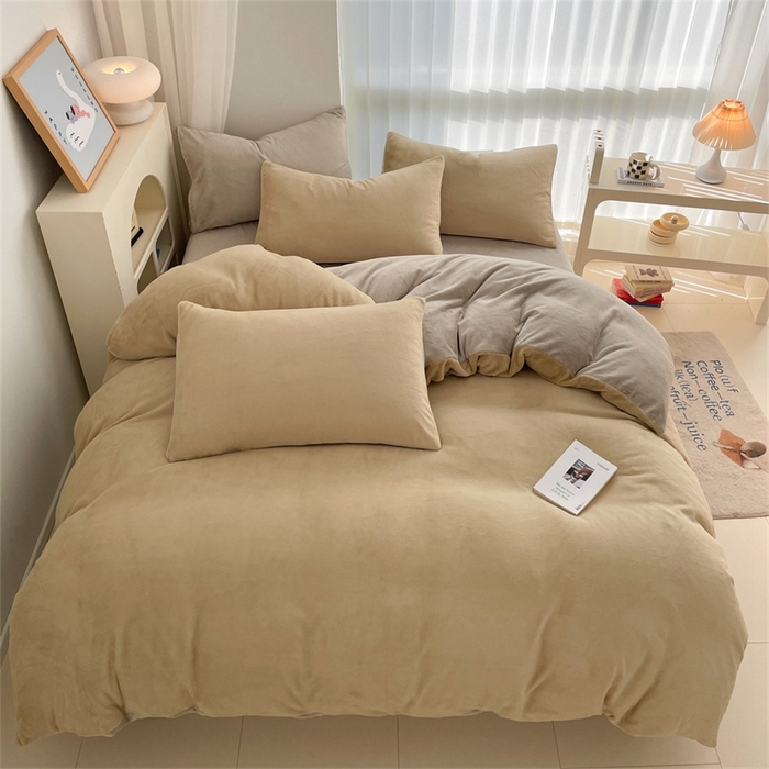 91家纺网 家纺一手货源 找家纺 古吉梦 2023新款牛奶绒纯色双拼（跑量款）四件套 杏仁+香草灰