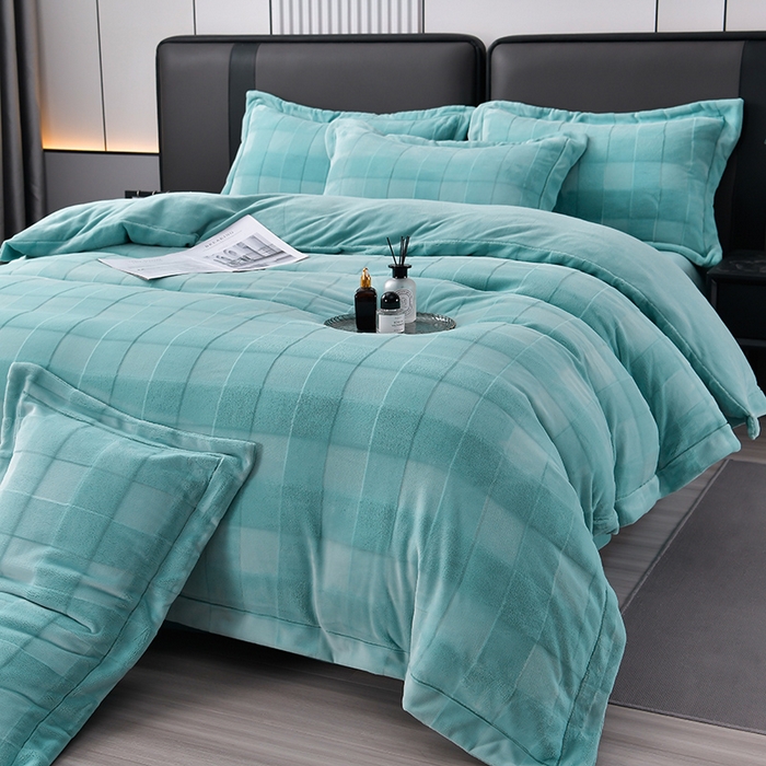 91家纺网 家纺一手货源 找家纺 席之家 2023加厚保暖立体剪花方格雪兔毛四件套-简爱款 方格-水兰