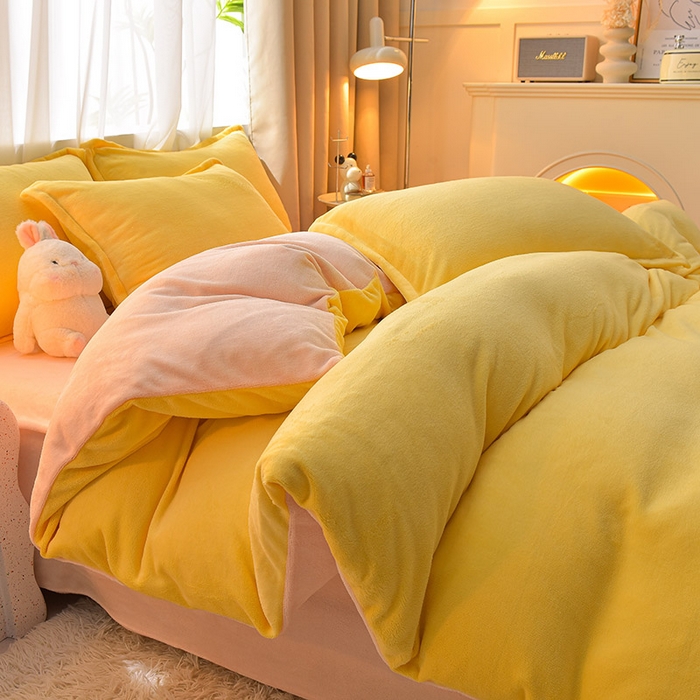 91家纺网 家纺一手货源 找家纺 简爱2025新款纯色双拼牛奶绒四件套被套（跑量款）直播 柠檬黄奶油