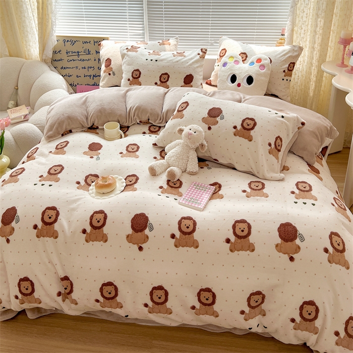 91家纺网 家纺一手货源 找家纺 顾里家纺 2023新款ins少女保暖牛奶绒四件套第二批 波点狮子