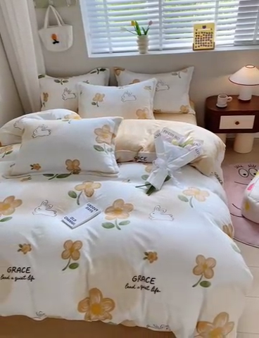 91家纺网 家纺一手货源 找家纺 沐慕 2024新款牛奶绒加厚保暖卡通印花四件套 花漾兔