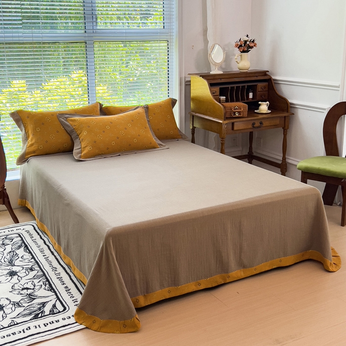 91家纺网 家纺一手货源 找家纺 小欢喜 新款色织全棉双层纱四件套直播爆款 花香蜜蜜-黄