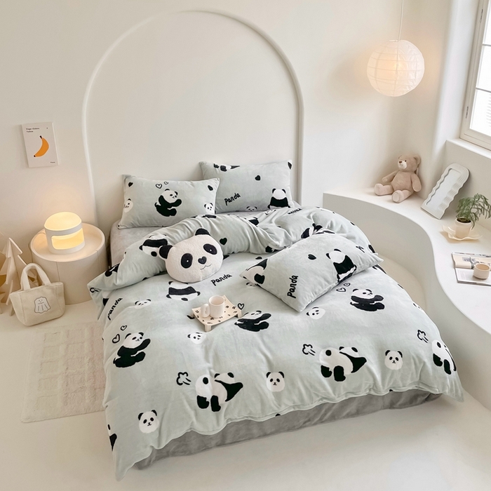 91家纺网 家纺一手货源 找家纺 潘朵拉 2023新款秋冬ins韩系牛奶绒印花四件套 绿色熊猫