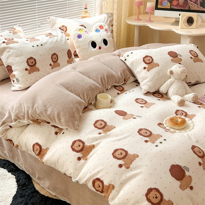 91家纺网 家纺一手货源 找家纺 顾里家纺 2023新款ins少女保暖牛奶绒四件套第二批 波点狮子