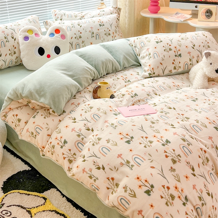 91家纺网 家纺一手货源 找家纺 顾里家纺 2023新款ins少女保暖牛奶绒四件套第二批 植物园林